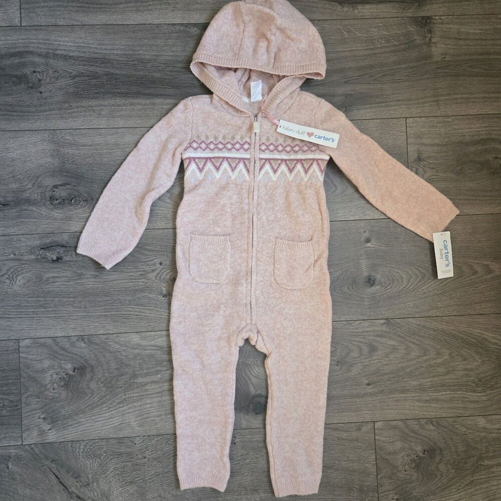 Carters Hilary Duff 24M Pink Fair Isle Knit Hooded Romper Jumpsuit One Piece NWT